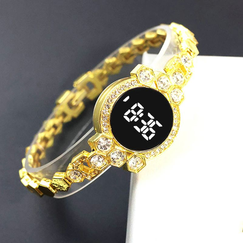 Shuosbai Electronic Round Dial Strap Date Time Display Shiny Rhinestone Inlay LED Digital Student Alloy Chain Wrist_voghion.com