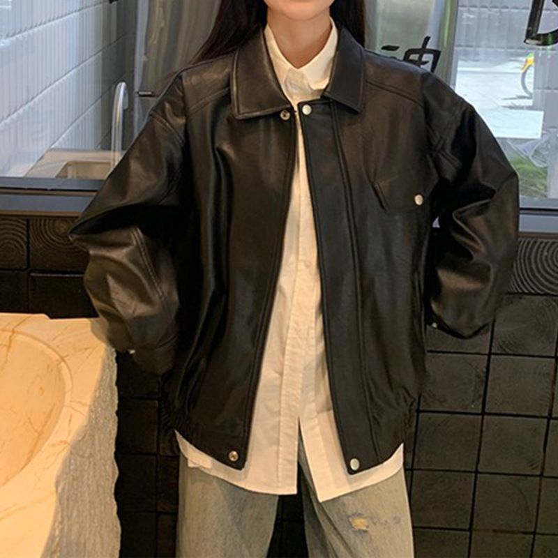 Giacca da donna in stile retrò in pelle nera vintage stile americano da papà, stile autunno 2025, stile Love At First Sight_voghion.com