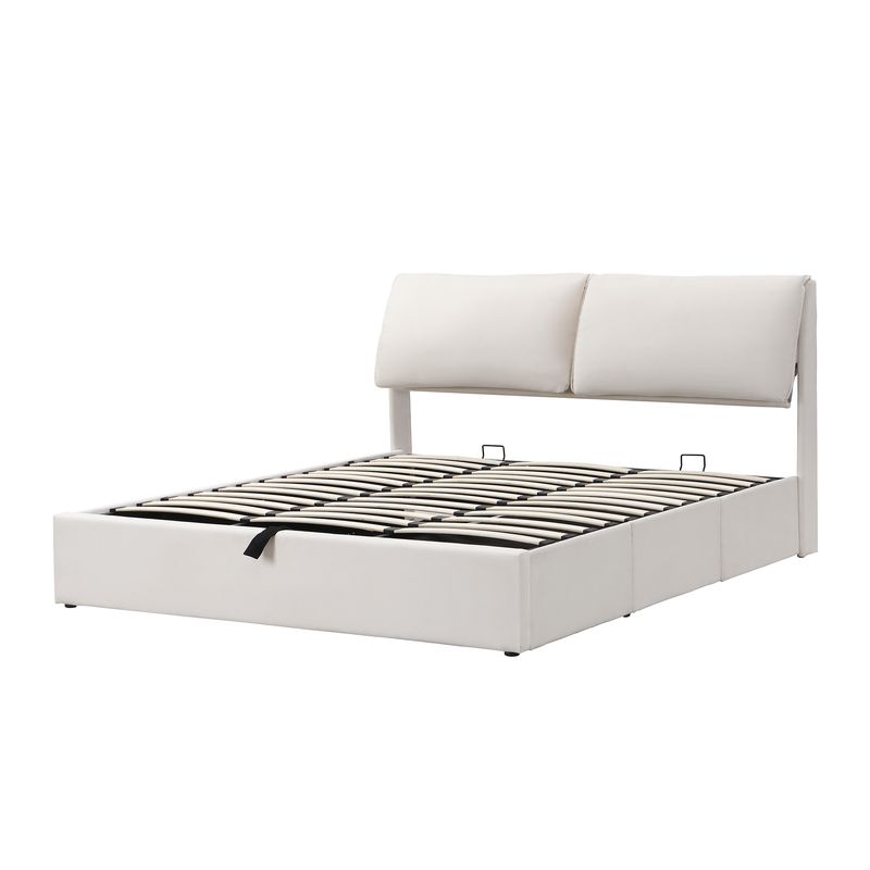 Cadre de lit coffre hydraulique rembourré en velours avec 3 tiroirs, sommier à lattes, beige, 180 x 200 cm, matelas non inclus_voghion.com