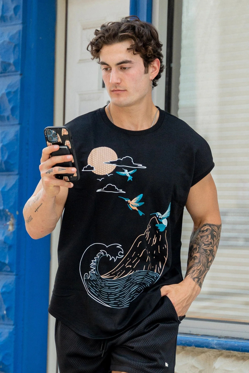 2023 Spring/Summer New Men's Sports, Leisure, Running, Exercise, Fitness Printing Cotton Elastic Loose Shoulder T-shirt_voghion.com