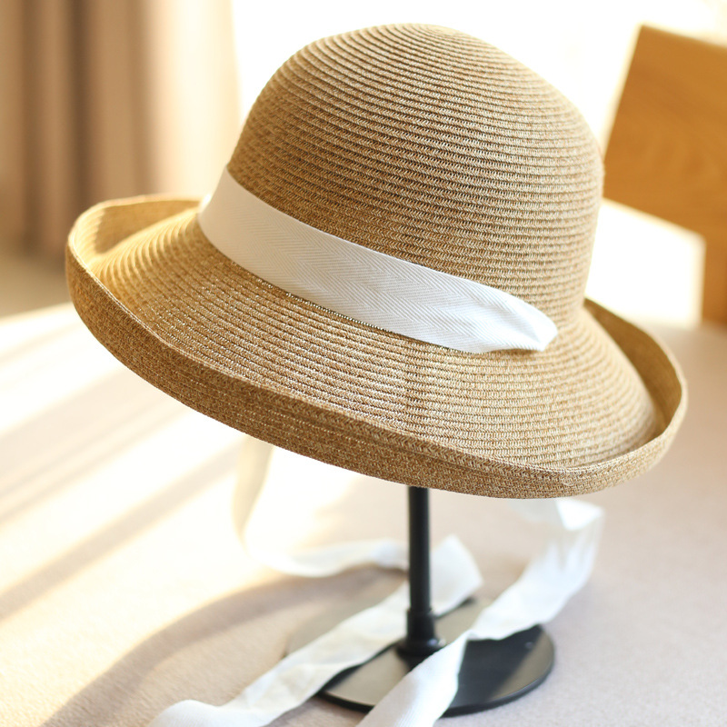 Japanischer Papyrus-Sonnenschutzhut mit gewelltem Rand und faltbarem Band, Fischerhut für den Strand, Strohhut für Damen_voghion.com