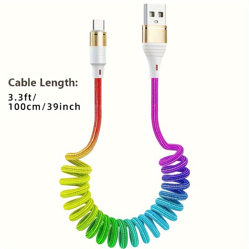 3A Fast Spring USB Type C Charger Cable - Adjustable Length, Nylon Braided, Durable, Fast Charging, Compatible with Samsung/Xiaomi_voghion.com