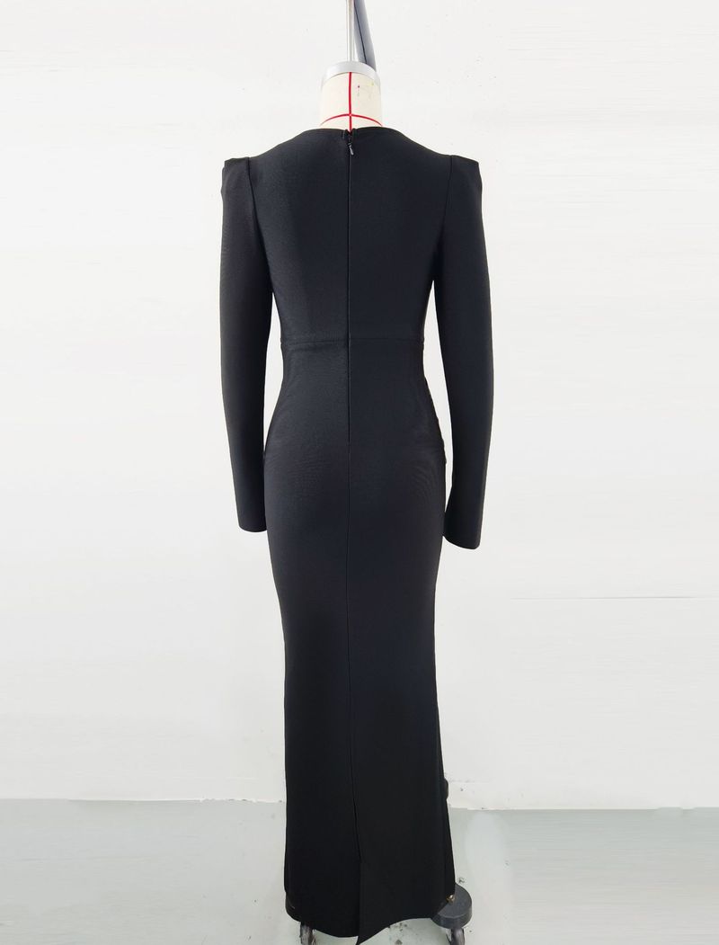 Elegante abito da sera con fascia per donna - Splendido abito aderente con scollo a V e maniche lunghe per feste di Natale e occasioni formali_voghion.com