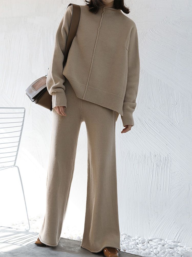 Nuovo maglione spesso e largo a collo alto a metà, due pezzi, pantaloni a gamba larga lavorati a maglia, set casual da donna_voghion.com