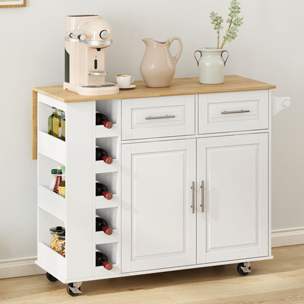 Multi-Functional Kitchen Island Cart With 2 Door Cabinet And Two Drawers,Spice Rack, Towel Holder, Wine Rack, And Foldable Rubberwood Table Top_voghion.com