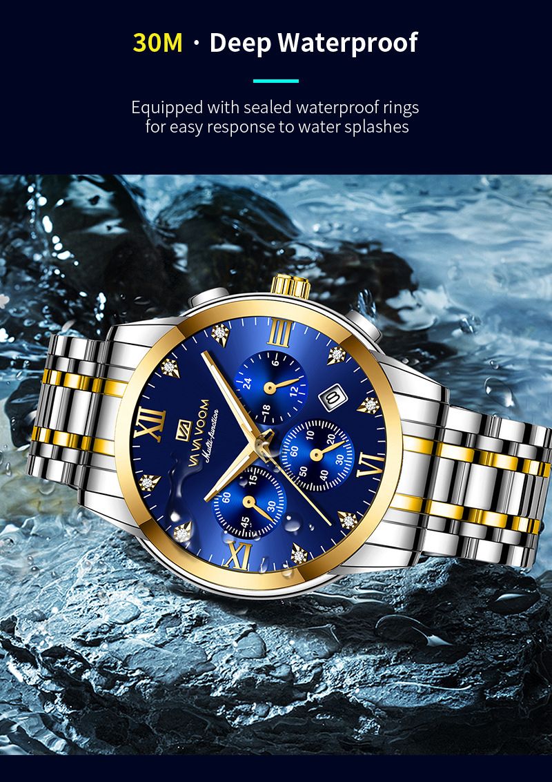 VA VOOM Brand New 2712 Steel Strip Blue Face Fashionable Business Waterproof Watch_voghion.com