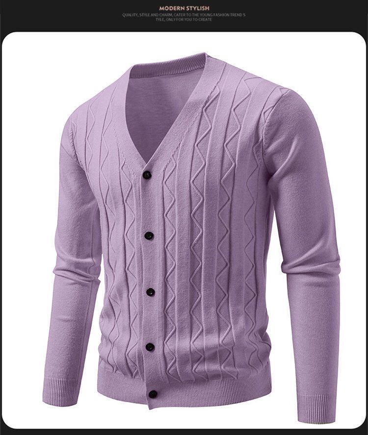 Lässiger Herren-Strickpullover – Vintage-Zopfmuster, lockere Passform, V-Ausschnitt, lange Ärmel, offene Vorderseite (maschinenwaschbar) –_voghion.com