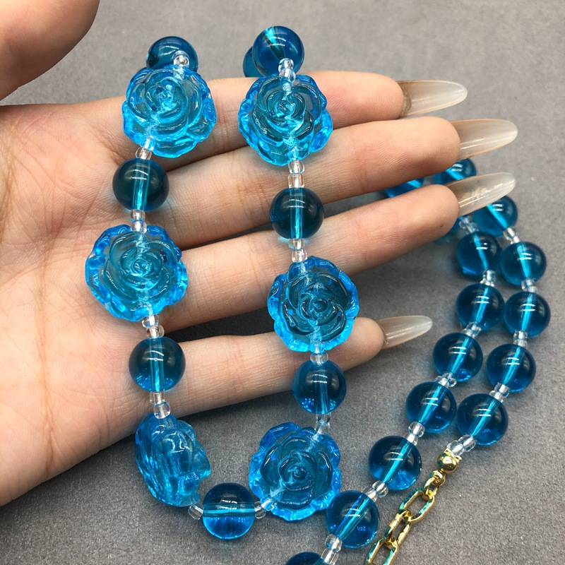 Conjunto de pulsera y collar de cristal azul retro, flores occidentales vintage medievales, retorno italiano, cristal antiguo_voghion.com