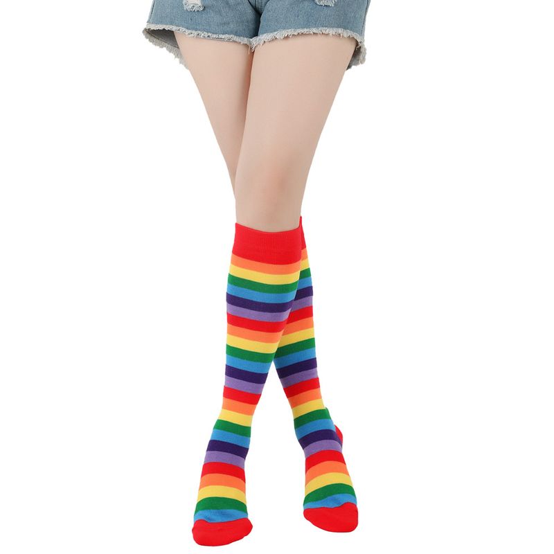 Unisex Kleurrijke gestreepte kniekousen Dames katoenen sokken Heren mid-tube sokken Vakantiefeest regenboog kuitsokken_voghion.com