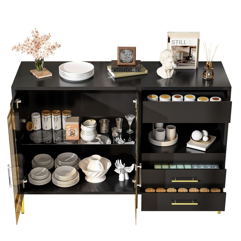 Credenza Schwarz Mit Tealfarbener Glastür, Kristallgriffen, Goldene Beine_voghion.com