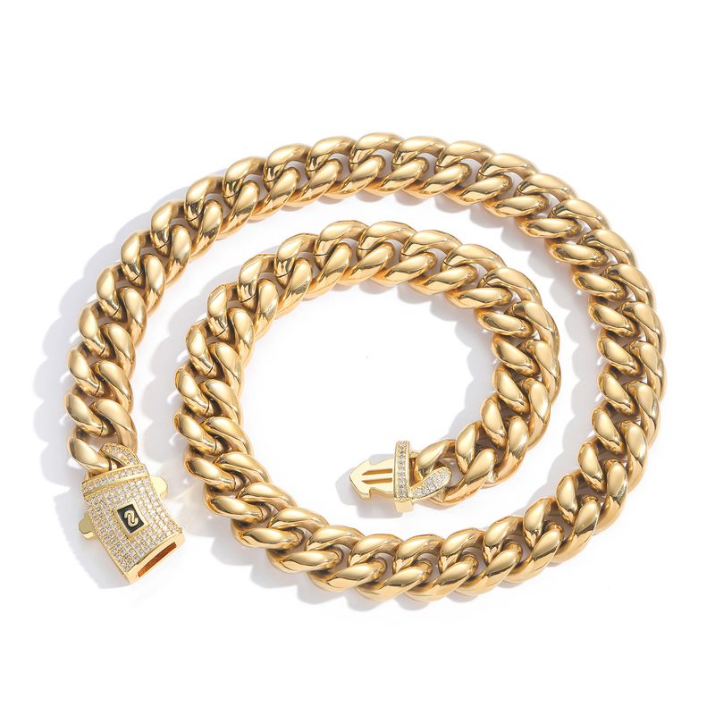 Set di gioielli da uomo, collana in acciaio inossidabile alla moda, con finitura rotonda, crittografia, catena cubana in oro, zircone intarsiato, fibbia a molla, catena in acciaio al titanio_voghion.com