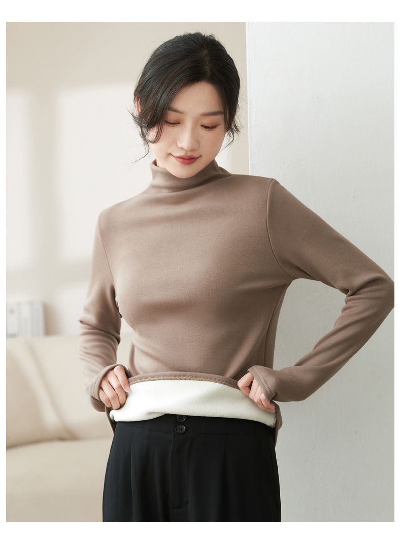 Camisa básica modal com gola alta e forro de lã H512 para mulheres, outono e inverno, camada interna preta de alta qualidade_voghion.com