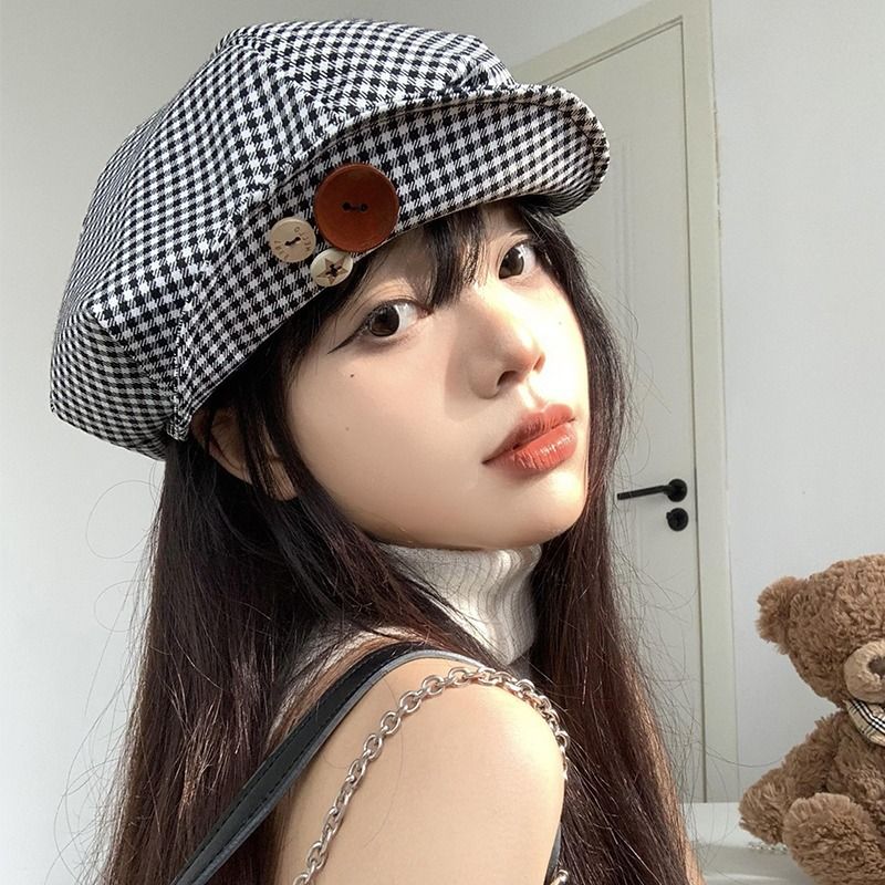 Cappello da artista coreano con nuvola, berretto con tesa pied de poule, design di nicchia, bottone che snellisce il viso letterario_voghion.com