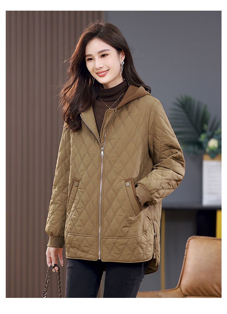 Damen Steppjacke neuer Stil mittellang modischer West-Stil Raute lässig dünner Baumwollmantel_voghion.com