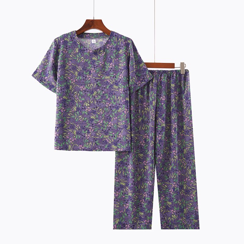Conjunto de duas peças para mulheres de meia-idade e idosas, verão, gola redonda, estampado, manga curta, solto, casual, confortável, avó_voghion.com