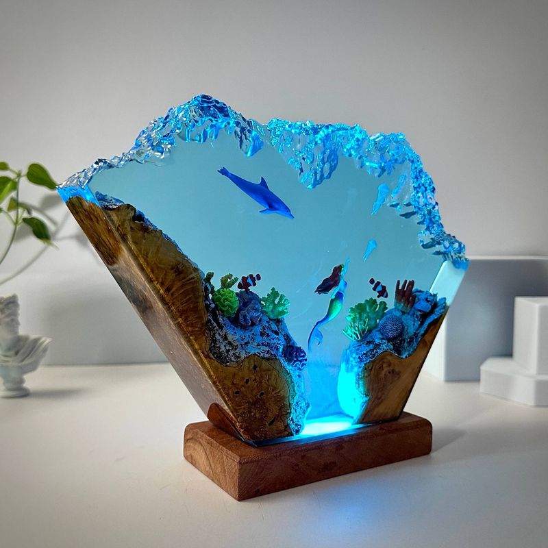Lampă de artă din lemn din rășină cu delfin și sirenă, lumină de noapte personalizată, decorare pentru living_voghion.com