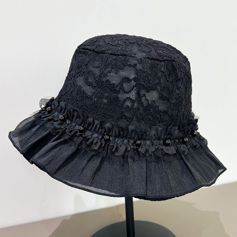 Women's Lace Bucket Hat Travel Shade Summer Thin Mesh Wavy Flat Top Basin Hat_voghion.com
