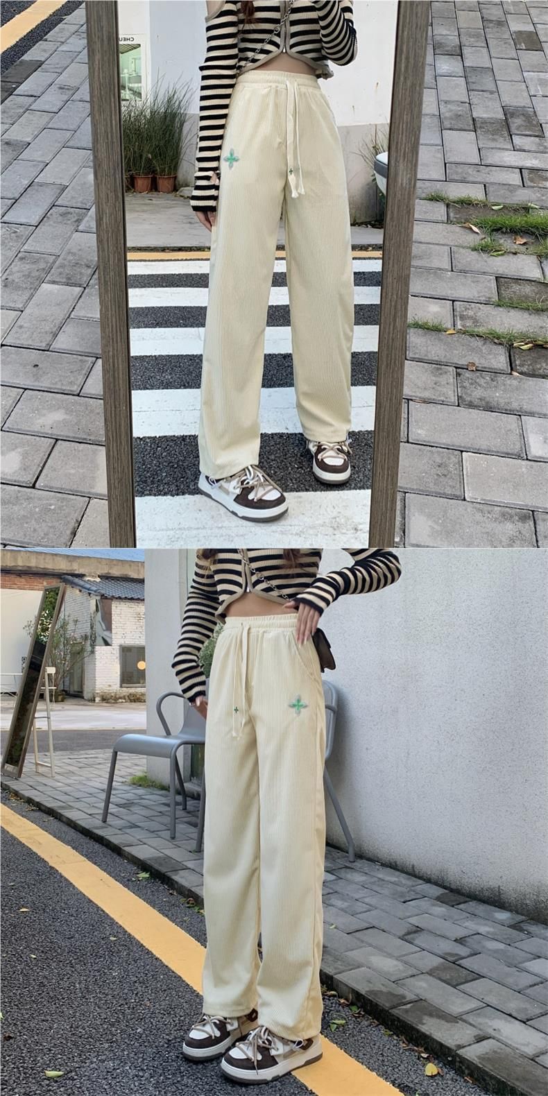 6017 # Corduroy Autumn Korean Edition New Work Wide Women's Leg Tight Pants_voghion.com