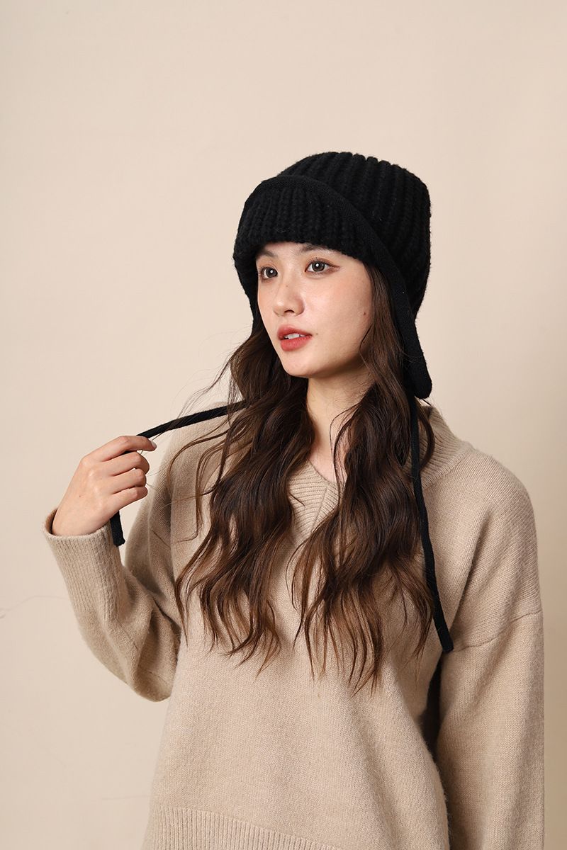 Stile coreano Film~Viso Piccolo Colore Solido Cinturino Maglia Lana Volante Donna Inverno Versatile Protezione Orecchie Studente Lei_voghion.com