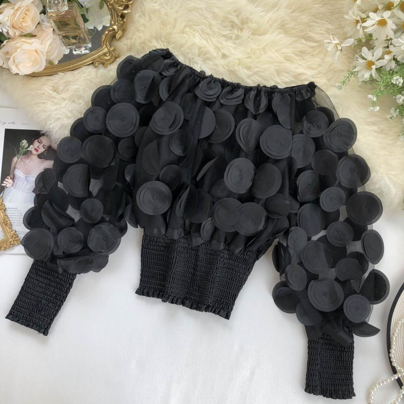 Damen-Top mit einreihiger Schulter-Taille, weibliches Nischen-Design, Sinn für Mode, dreidimensionale Blumen-Schaumstoff-Ärmel, durchsichtiges Mesh-Chiffon-Shirt_voghion.com