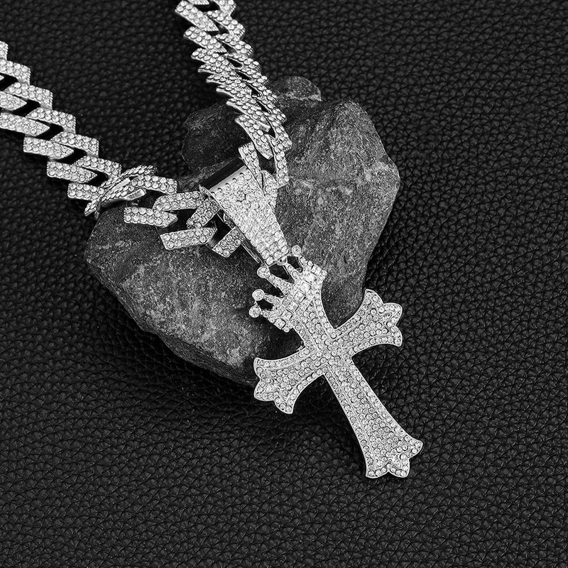 Halskette mit Kronen-Kreuz-Anhänger aus Diamanten, Diamant-Halskette aus Legierung für Männer und Frauen, kubanische Kette in Diamantform_voghion.com