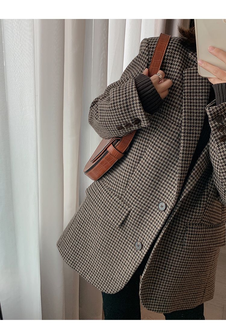 Jachetă de damă în carouri de culoarea cafelei Melad, haină lejeră de lână, versiune coreeană, toamna și iarna 2024_voghion.com