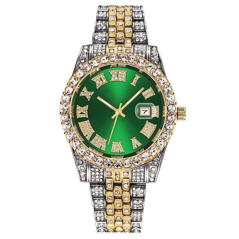 Set da 2 pezzi da uomo con bracciale cubano in oro e ricco intarsio di diamanti, orologio alla moda Hip Hop_voghion.com