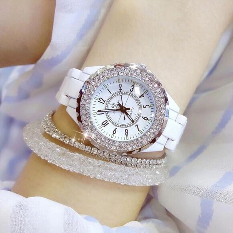 Yamaler elegante diamantes de imitación cerámica banda mujeres redondo analógico cuarzo reloj de pulsera regalo_voghion.com