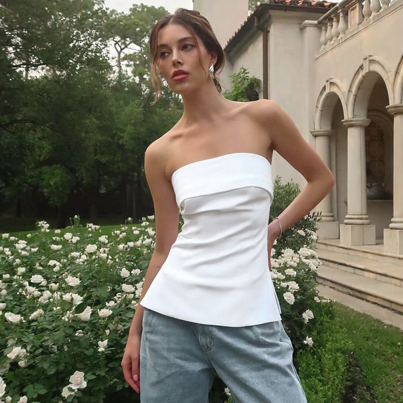 Women's Summer New Style Strapless Backless Slim Fit Slit Solid Color Casual Collar T-shirt Top_voghion.com