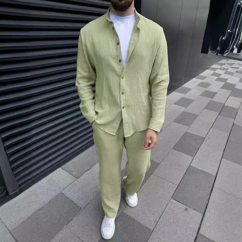 CT New Casual Suit Fashion Comfortable Sleeve Long Pants Two-Piece Set Solid Color Versatile Men's Outfit_voghion.com
