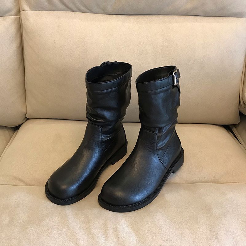 Neu Neue Koreanische Stil Kurze Frauen Frühling Und Herbst Einzel Für Plus Größe Braun Runde Kappe Faltig Mid-Kalb Martin Stiefel_voghion.com