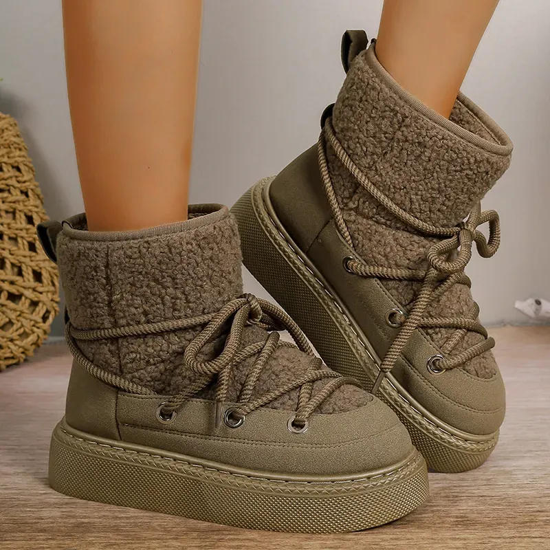 Scarpe da sci invernali da donna in pelle scamosciata con lacci, calde e imbottite, per il tempo libero, in lana sintetica, con plateau, 2024_voghion.com