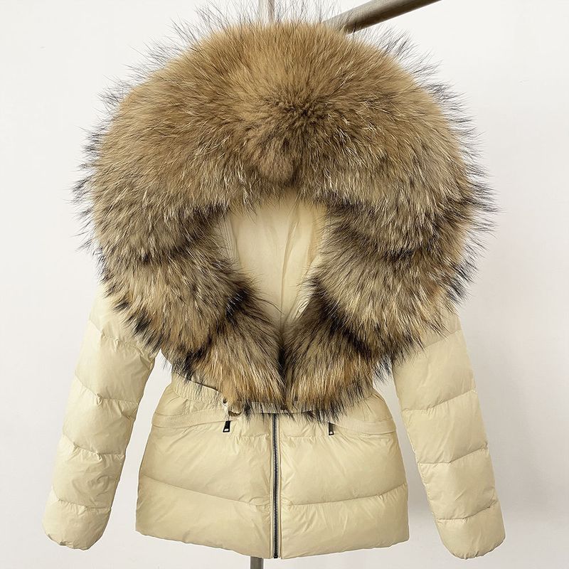 Nuovo stile caldo del commercio estero, giacca corta da donna con collo in vera pelliccia di volpe, giacca in piumino con vita sottile e spessa_voghion.com