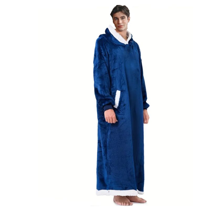 Women's flannel thickened men's and women's robes with long sleeves and blanket hoodie pullover lazy pajamas_voghion.com