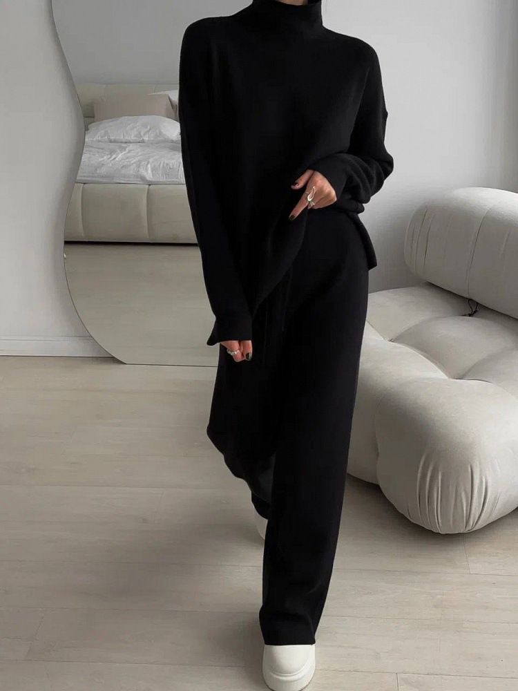 Women's High-Neck Knit Sweater & Pants Set - Long Sleeve Solid Color Lounge Outfit, Elegant Two-Piece Ensemble (Black/Beige, S/M/L/XL)_voghion.com