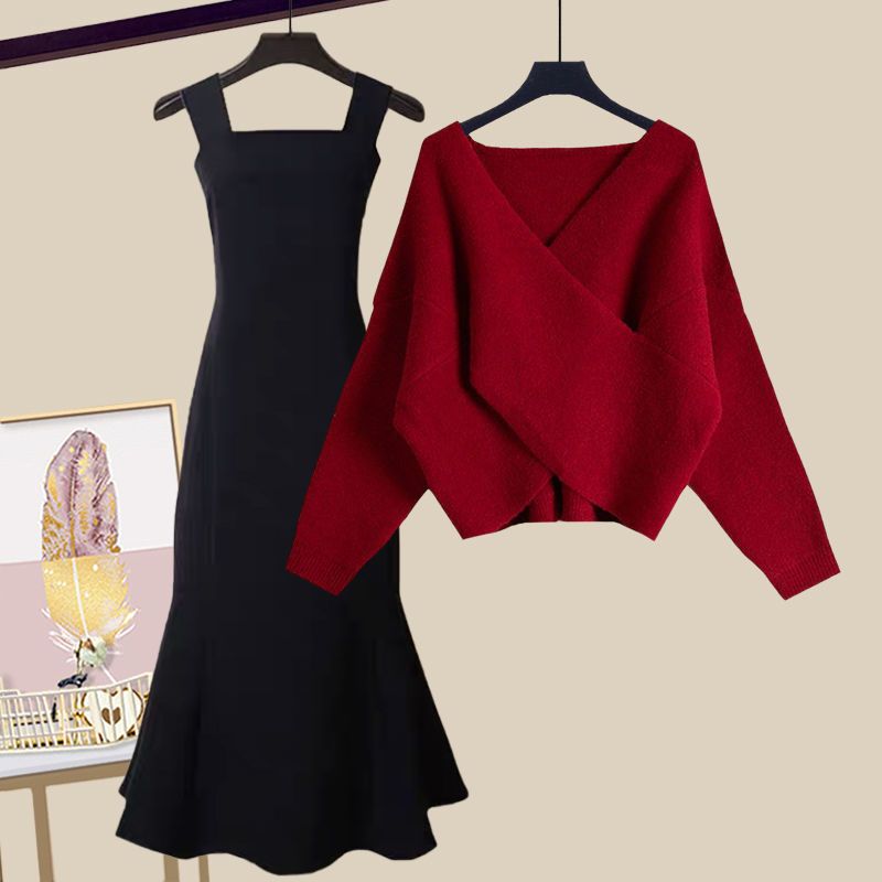 Ensemble 2 pièces élégant pull croisé et robe noire amincissante – Tenue printanière polyvalente pour femme (plusieurs coloris disponibles)_voghion.com