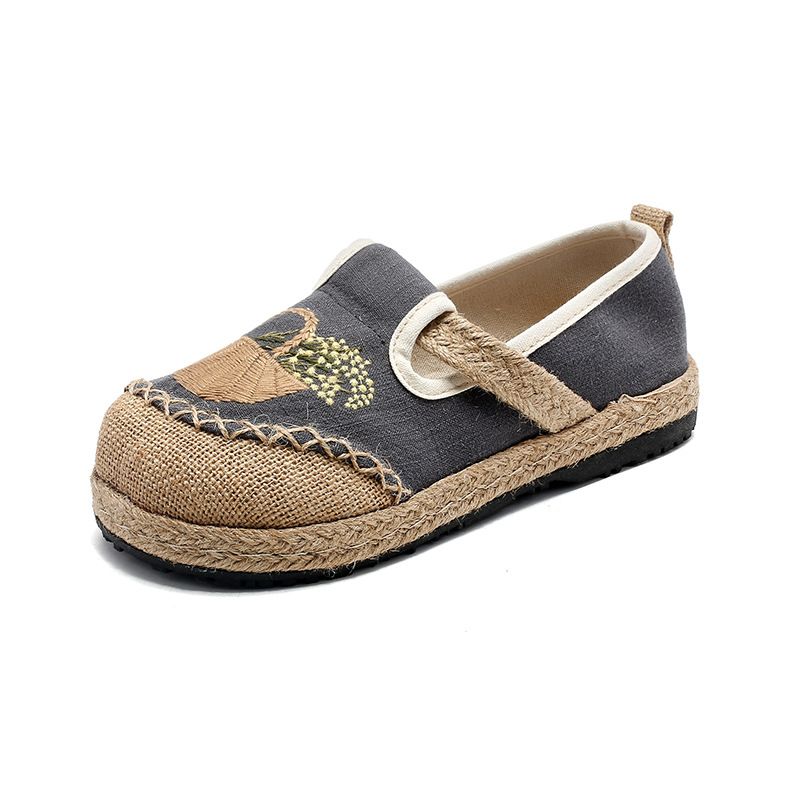 Scarpe singole da donna estive, comode, con testa rotonda, in cotone, con fondo spesso, modello patchwork, pigre e con ricamo in un unico passaggio_voghion.com