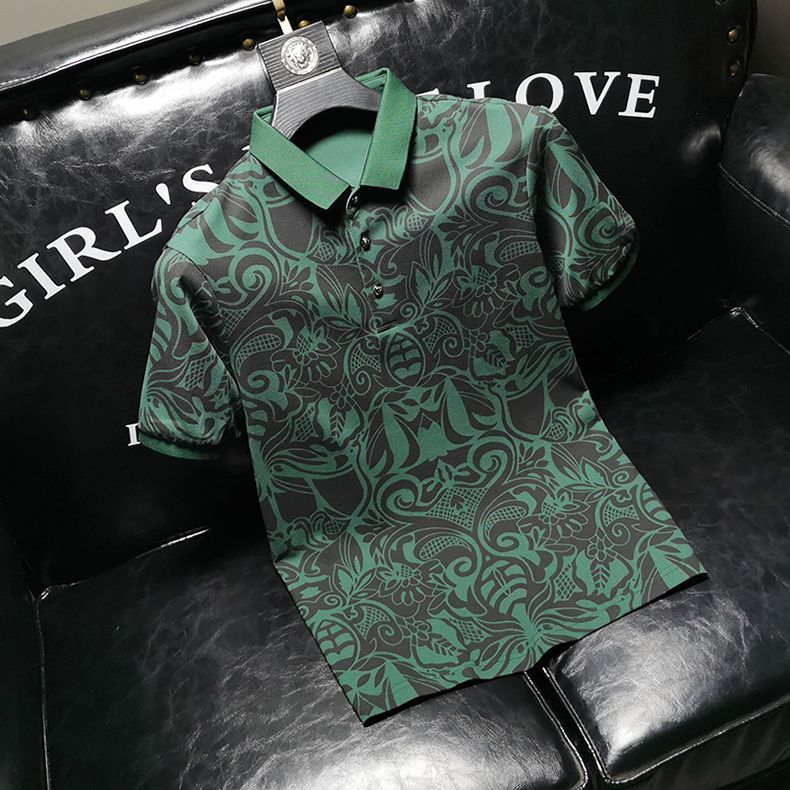Rever stampato verde per polo casual da uomo alla moda, capospalla oversize con fondo e maglietta a maniche corte_voghion.com