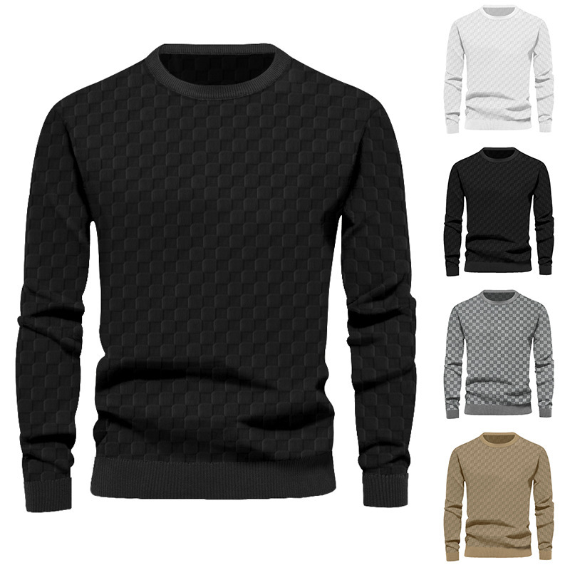 2024 Spring and Autumn New Men's Jacquard Checkerboard Bottom Shirt Round Neck Casual Long sleeved Sweater_voghion.com