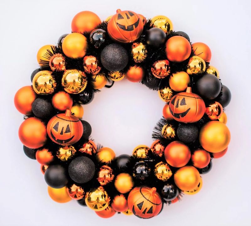 Flowers and grass Halloween smiley pumpkin ball wreath front door pendant festive atmosphere decoration wreath_voghion.com