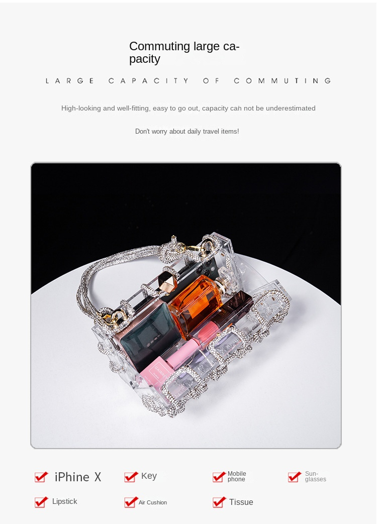 Original Design Diamond Clear Acryl Box Damen Bankett handgewebte Unterarm-Clutch mit Strasssteinen_voghion.com