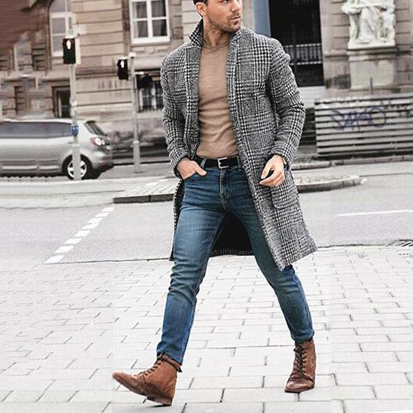 CT Autumn Winter Houndstooth Men's Mid-Length Plaid Coarse Wool Trench Coat Jacket_voghion.com