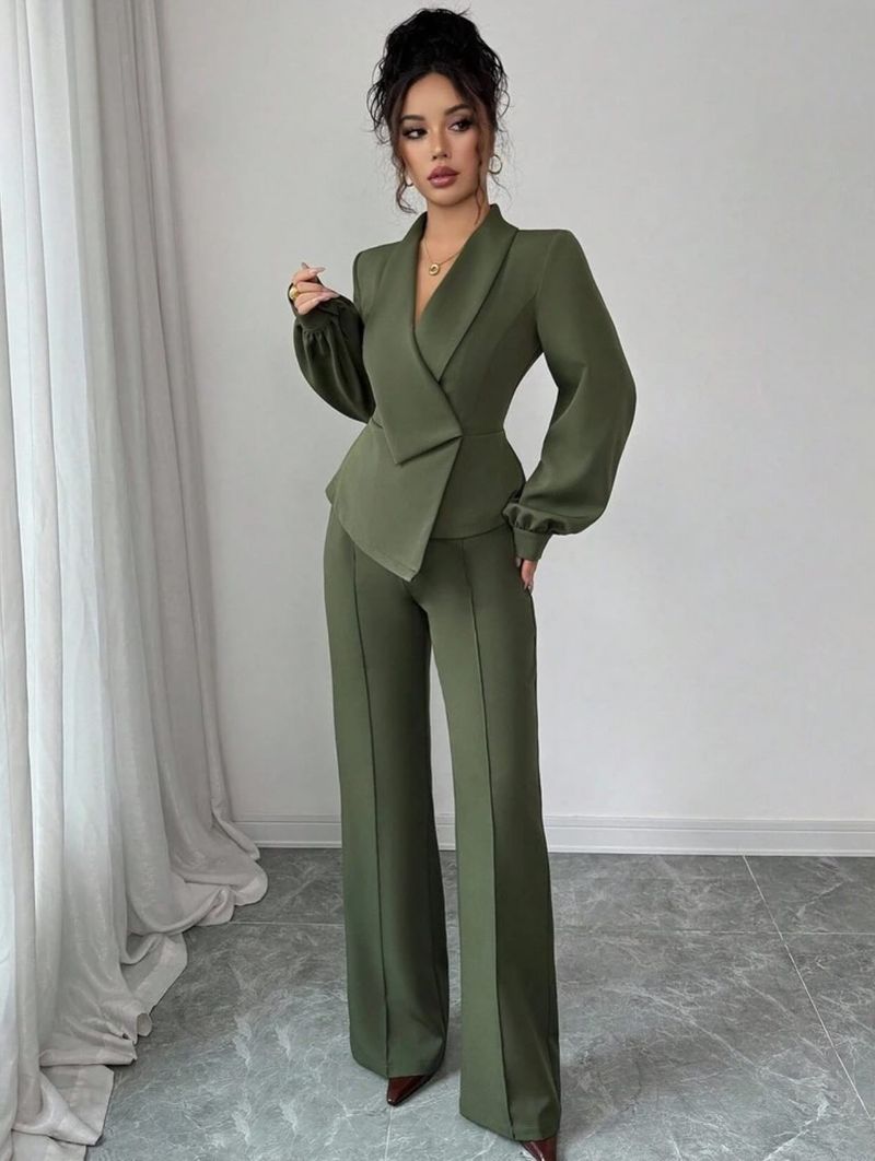 Completo blusa e pantaloni dolce e sofisticato – Completo da ufficio a maniche lunghe verde militare con maniche a lanterna (S-Xxl)_voghion.com