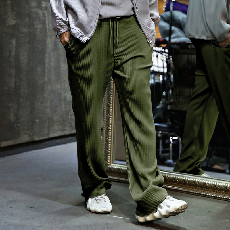 Pantaloni larghi a vita alta, dritti, drappeggiati, a righe, casual, da uomo, primavera e autunno 2024_voghion.com