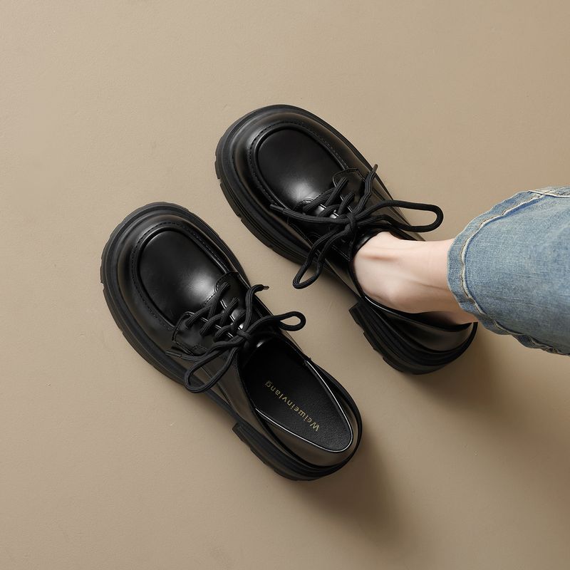 Platform Loafers Women's Laces, One Pedal And Two Single Shoes, Black Retro Small Leather Shoes._voghion.com