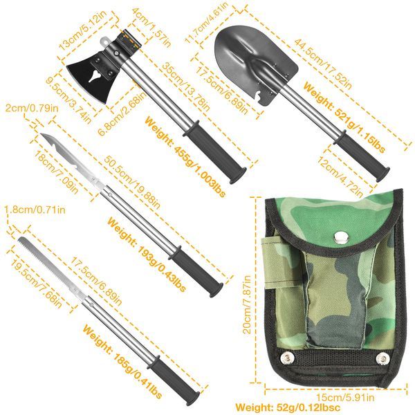 6-in-1 Multi Tool Survival Kit Shovel Knife Axe Saw Nail Puller W/ Pouch Outdoor Gear Camping_voghion.com