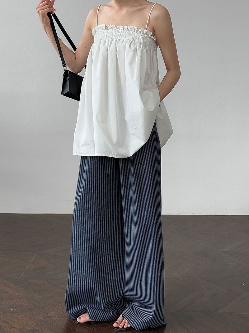 Korean Style Vertical Striped Wide Leg Pants For Women - High Waist Loose Fit Long Trousers, Summer Cotton Lazy Casual Pants_voghion.com