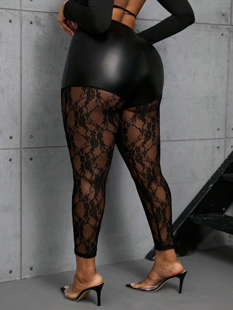 Women's Clothing Large Size Hip Lace Splicing Semi Transparent Trousers_voghion.com