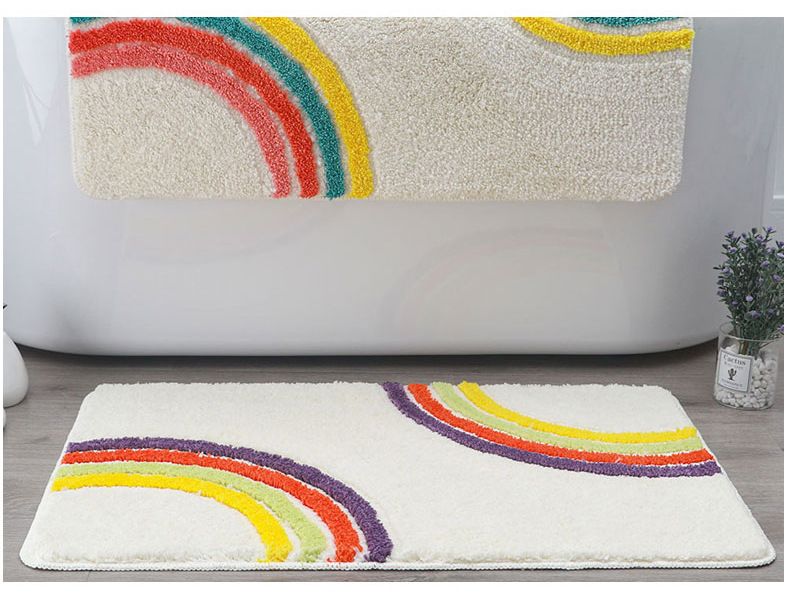 Rainbow Semi-Circle Flannel Rug - Non-Slip Kids Bath Mat, Soft Polyester Floor Carpet, Machine Washable For Bathroom, Nursery & Entryway_voghion.com
