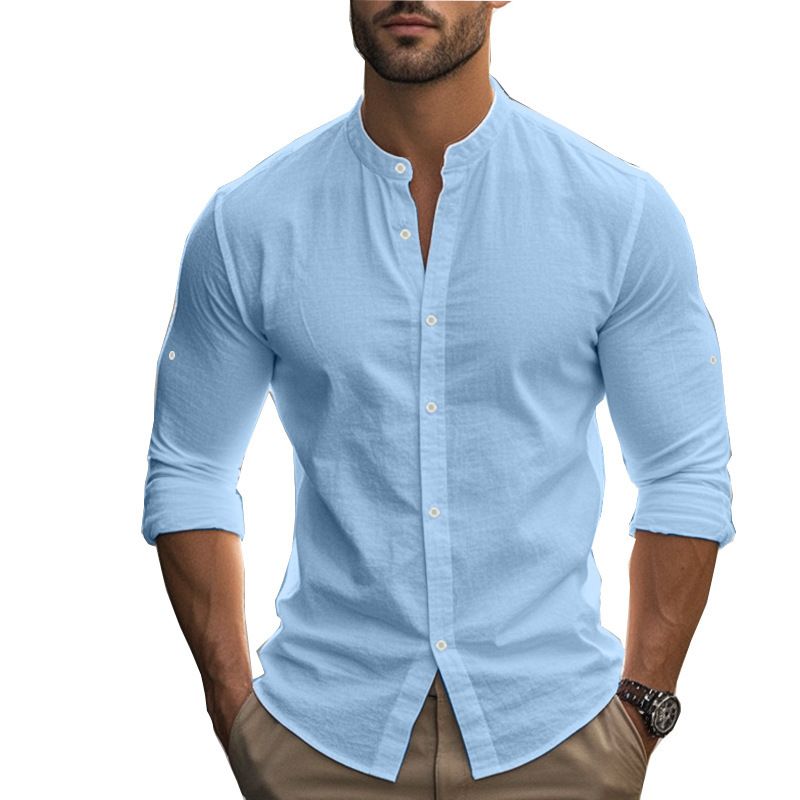 Camicia da spiaggia a maniche lunghe, semplice, traspirante, in lino, casual e ampia, da uomo, stile hawaiano, stile transfrontaliero americano._voghion.com